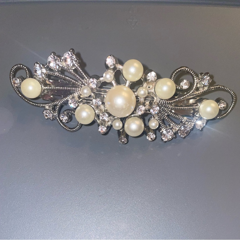 Jeweled and Pearled Silver Hair Barrette